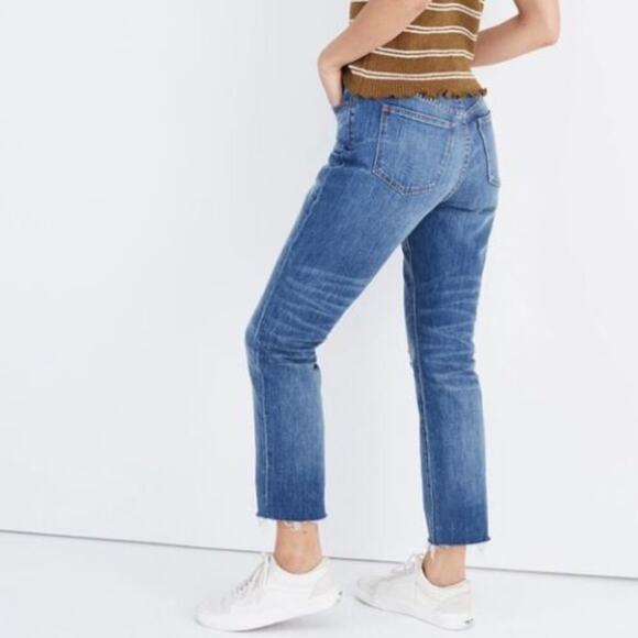 Madewell Boyjean Denim Jeans 27 Ankle Straight Leg Mid Rise Raw Hem Medium Wash - Picture 1 of 11